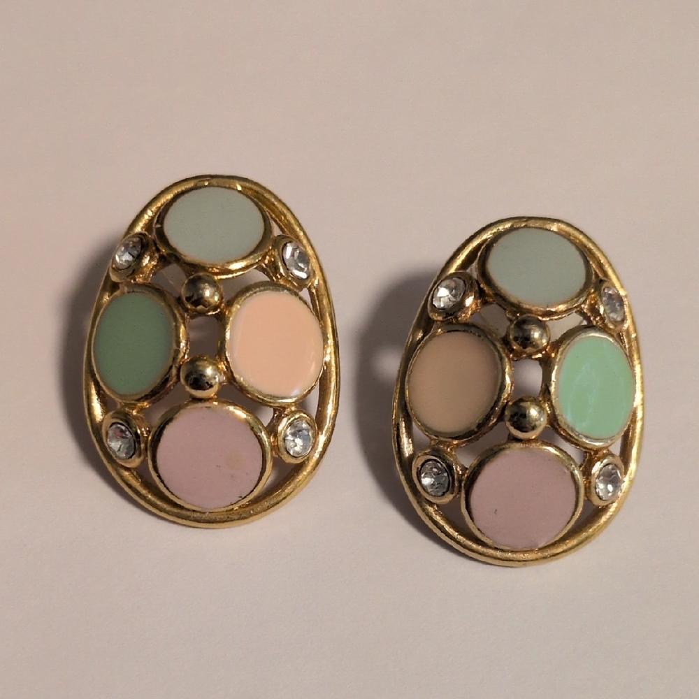Vintage Mid Century Pastel Cabochon Gold-Tone Pierced Earrings
